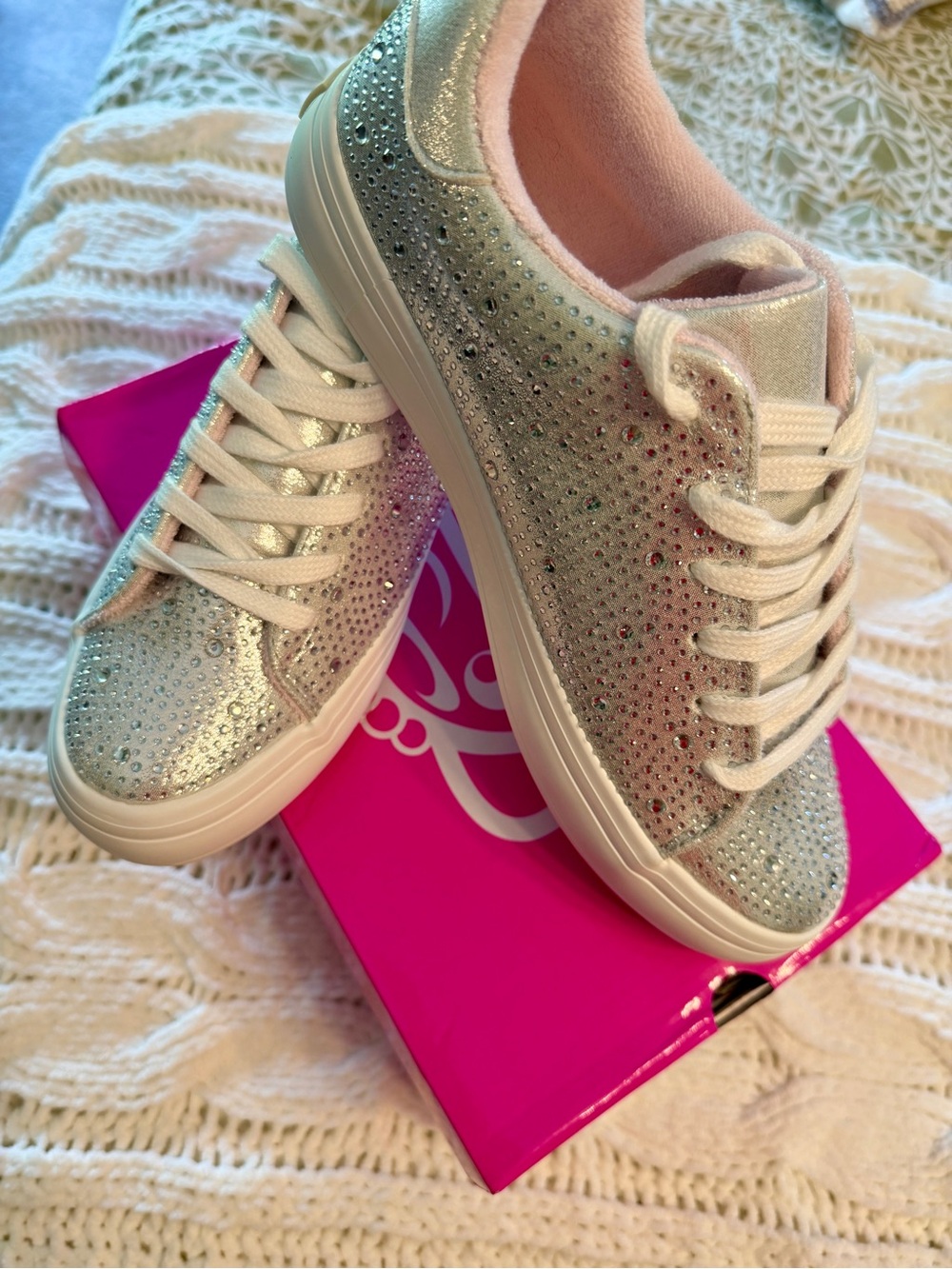 Sugar Women's Silver Rhinestone Lace-Up Athletic Sneakers with Pink Lining - Picture 2 of 4